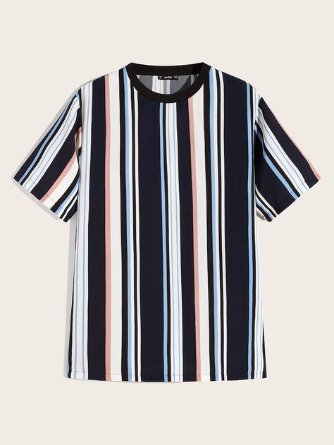 Men Contrast Neck Striped Top | SHEIN Striped Shirt Men, Summer Fashion Outfits, Pop Fashion, Striped Tee, Striped Shirt, Cali, Button Up Shirts, Casual Shirts, Foil