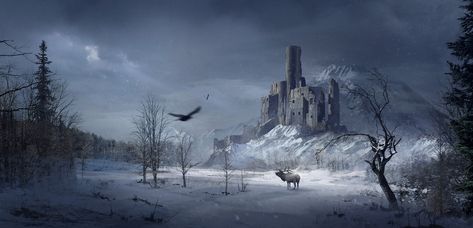 Castle in a snowy forest, Sergey Zabelin on ArtStation at https://www.artstation.com/artwork/3w1EJ Scenery Inspiration, Fantasy Castles, Map Key, Snow Castle, Frozen Castle, Snow Forest, Snowy Landscape, Castle Art, Snowy Forest