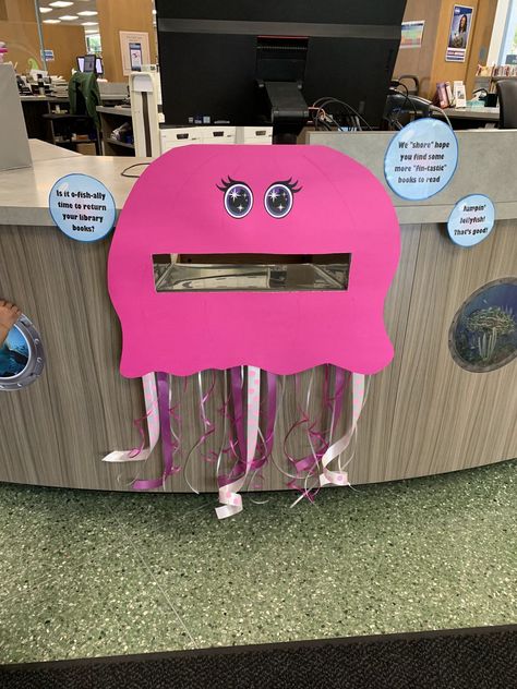 Library Book Drop, Library Book Return, Jellyfish Decoration, Book Return, Jellyfish Decorations, Teen Library, O Fish Ally, Library Themes, Teen Programs