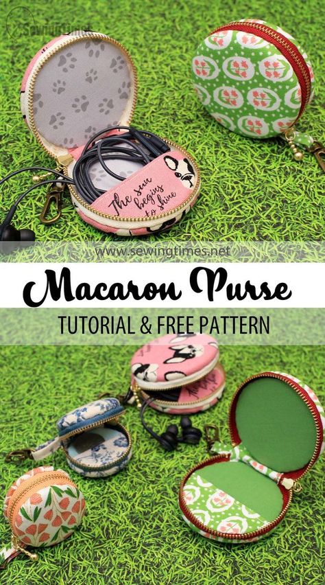 DIY Macaron Coin Purse | Sewing Gift from Scrap Fabric - Tutorial & Free Pattern [sewingtimes] Round Purse Pattern Free Sewing, Free Coin Purse Pattern, Coin Purse Sewing Pattern, Sewing Times, Coin Purse Sewing, Macaron Coin Purse, Mini Bag Pattern, Fabric Tutorial, Diy Coin Purse