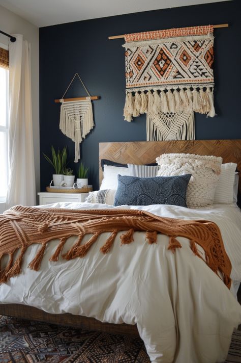 White Blue And Brown Bedroom, Blue Bedroom Brown Furniture, Brown And Dusty Blue Bedroom, Bedroom Ideas Brown Walls, Navy Wall Bedroom Ideas, Blue Master Bedrooms Decor Cozy, Blue Western Bedroom, Bedroom Navy Accent Wall, Navy Blue And Brown Bedroom