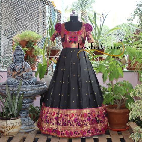 Price : ₹5500 Paithani Long dress with puff sleeves from house of @kowshiki_couture @kowshiki_couture presents the best curated collection… | Instagram Paithani Saree Dress, Paithani Gown, Paithani Dress, Gown Dress Party Wear, Anarkali Frock, Long Frock Designs, Long Gown Design, Paithani Saree, Party Wear Gown