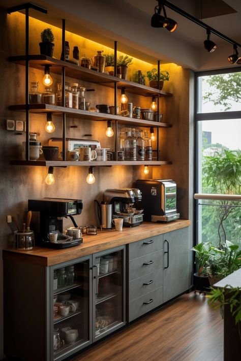 coffee bar ideas coffee aesthetic modern design house design home interior design home decor house decor home decoration home decor ideas wall decor ideas Coffee Bar Ideas With Shelves, Steampunk Coffee Bar, Industrial Coffee Bar Ideas, Coffee Bar Industrial, Industrial Pantry, Industrial Coffee Bar, Pinterest Kitchen, Home Bar Rooms, Home Coffee Bar