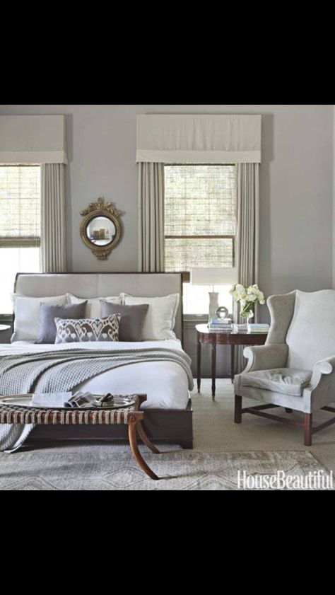 Bed overlapping windows Bed Between Two Windows, Bed Antique, Upholstered Sleigh Bed, Magic House, Sleigh Bed, Best Paint Colors, White Lamp Shade, Brown Interior, Bedroom Paint Colors