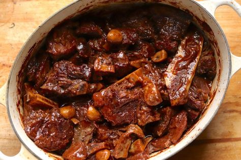 Braised Beef Neck Bones and Mushrooms Recipe Beef Neck Bones Recipe Slow Cooker, Neckbone Recipe, Beef Neck Bones Recipe, Neck Bones Recipe, Pork Neck Bones Recipe, Beef Soup Bones, Braised Beef Recipes, Spaghetti With Ground Beef, Ground Beef And Potatoes