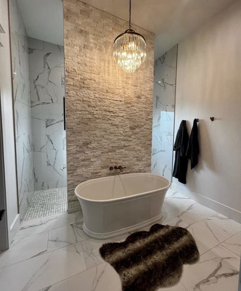 Free Standing Tub Wall Decor, Custom Shower With Bench, Bathtub In Front Of Shower Wall, Hidden Shower Walk In, Walkthrough Shower Ideas, Walk Through Shower Behind Tub, Big Bathroom Ideas Master Suite, Walk Through Showers, Tub In Front Of Shower Wall