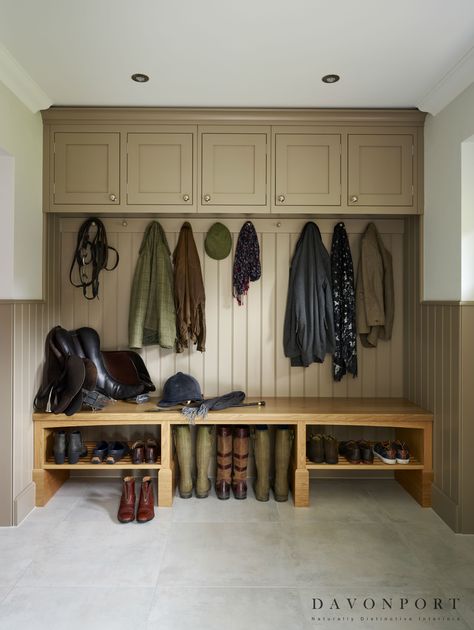 Bespoke cabinetry and wall panelling gives this boot room a beautiful country feel. Coat Storage Ideas, Boot Room Storage, Bespoke Cabinetry, Boot Room Utility, Utility Room Designs, Bench Mudroom, Coat Storage, Mudroom Decor, Mudroom Laundry Room