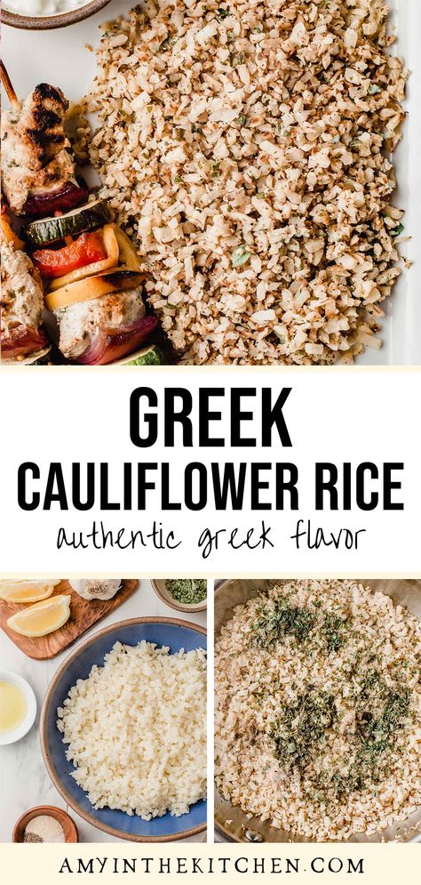 Califlour Rice, Greek Cauliflower Rice, Greek Rice Pilaf, Greek Cauliflower, Greek Chicken Kabobs, Greek Rice, Greek Lemon Rice, Riced Cauliflower, Chicken Cauliflower