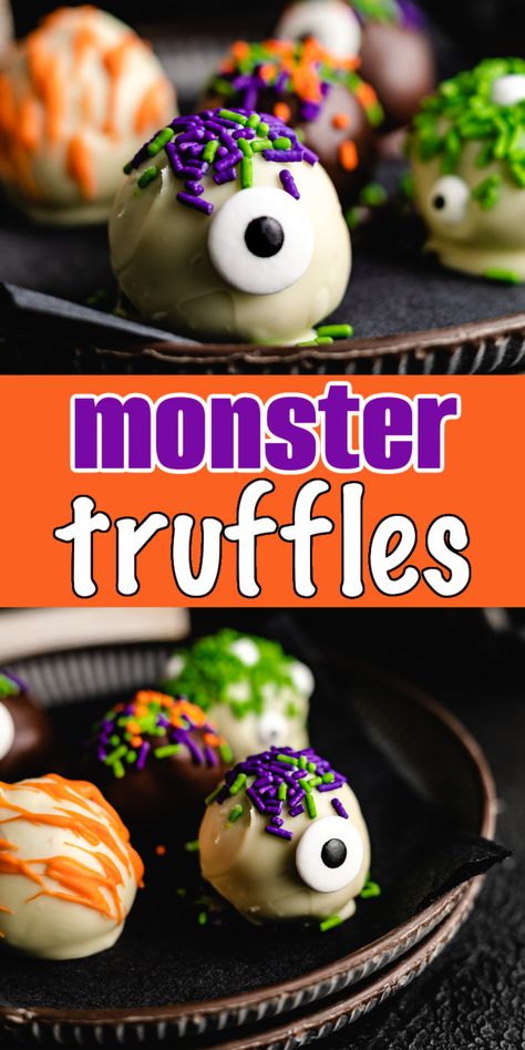 Two photos of monster truffles in a collage. Monster Cake Balls, Cake Balls Halloween, Oreo Halloween Treats, Cream Cheese And Peanut Butter, Halloween Cake Balls, Cake Mix Cream Cheese, Halloween Truffles, Desserts Halloween, Desserts Holiday