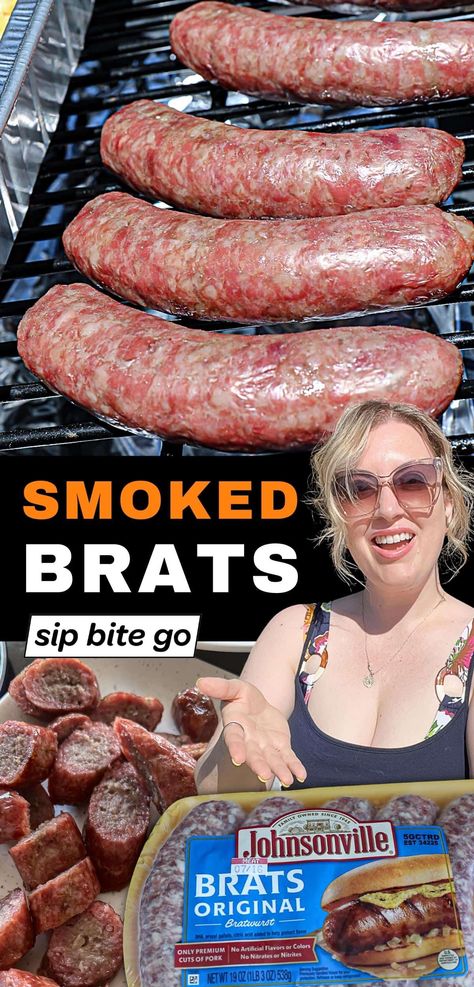 This easy Traeger smoked brats recipe is a game day and BBQ party staple. Smoke bratwurst to serve in sandwiches or dice them up for adding to smoked queso or serving on skewers as a pellet grill appetizer. | sipbitego.com Smoked Brats, Pit Boss Pellet Grill Recipes, Brats Recipe, Wood Pellet Grill Recipes, Smoker Grill Recipes, Smoked Queso, Grilled Brats, Pellet Smoker Recipes, Brats Recipes