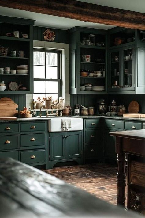 Modern Rustic Green Kitchen, Green Kitchen Cabinets Butcher Block, Dark Cottagecore Kitchen, Woodsy Kitchen, Blue Green Kitchen, Green Kitchens, Kitchen Color Palettes, Moody Kitchen, Country Kitchen Ideas