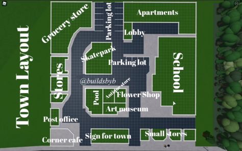 Boo Burg City Layout, Town Floor Plan Bloxburg, Bloxburg Towns Large Plot Layout, Bloxburg Layouts For Towns, Bloxburg Town Layout With Apartment, Aesthetic Bloxburg Town Layout, Bloxburg Towns Large Plot, Town In Bloxburg Layout, Large Town Layout Bloxburg