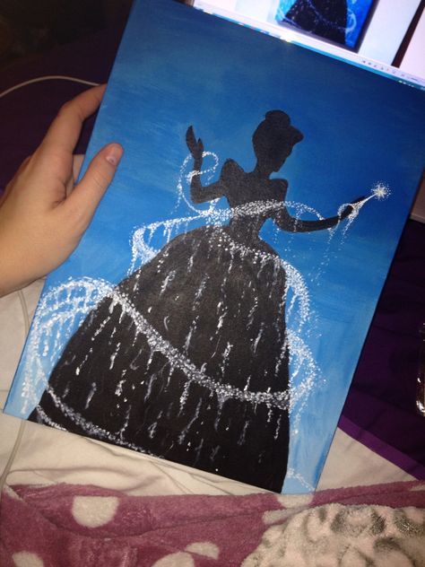 Cute Disney Paintings On Canvas, Silhouette Painting Tutorial, Easy Princess Painting, Cinderella Canvas Painting, Disney Painting Tutorial, Disney Scenes To Paint, Cinderella Painting Ideas, Disney Princess Paintings Easy, Princess Painting Ideas