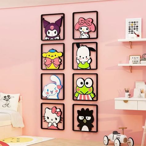 collection of 8 wall stickers with Sanrio characters inside a black frame. The characters are hello kitty, cinamoroll, Kuromi, my melody, pompompurin, pochaco, keroppi, and batzmaru Sanrio Wall Stickers, Hello Kitty And Friends Room Decor, Hello Kitty And Friends Bedroom, Sanrio Wall Decoration, Sanrio Wall Art, Cute Wall Stickers Decor, Sanrio Room Decor Ideas, Hello Kitty Wall Stickers, Kuromi Room Decor Diy