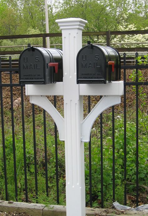 double mailbox post | Fluted Mailbox Post - Recessed Panel Vinyl Mailbox Post Mailbox Post Ideas, Double Mailbox, Double Mailbox Post, Modern Mailbox Diy, Mailbox Stand, Residential Mailboxes, Mailbox Makeover, Mailbox Landscaping, Outdoor Makeover