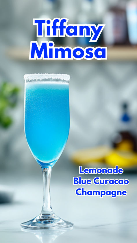 Tiffany Mimosa Blue Wedding Drinks, Blue Curacao Drinks Easy, Tiffany Mimosa, Blue Mimosa Recipe, Blue Drinks Alcohol, Mimosa Recipe Champagne, Blue Mocktail Recipe, Classic Mimosa, Lemonade Cocktails