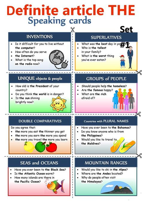 Definite article THE - Speaking cards - English ESL Worksheets for distance learning and physical classrooms Speaking Cards Intermediate, Speaking Patterns, Articles In English Grammar, Speaking Questions, Definite Article, Indefinite Articles, Definite And Indefinite Articles, Article Grammar, Speaking Activities English