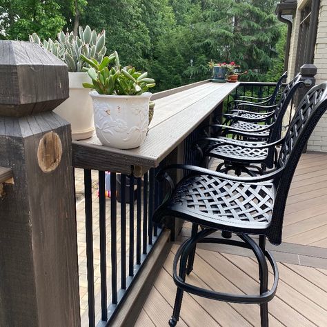 Converted existing deck railing and posts to a Timbertech outdoor bar top. Deck Drink Railing Ideas, Bar Railing On Deck, Patio Railing Bar, Deck Bar Railing, Deck Drink Rail, Deck With Bar Counter, Deck Rail Bar Top, Deck Railing Bar Top, Deck Railing Bar