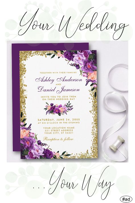 Purple And Gold Wedding, Gold Glitter Wedding, Pink And Gold Wedding, Glitter Wedding Invitations, Purple Wedding Invitations, Golden Wedding, Glitter Wedding, Wedding Outfits, Purple Wedding