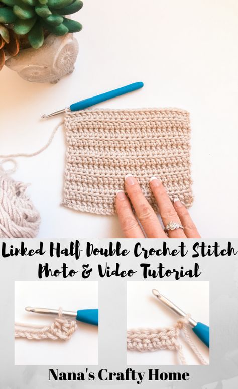 How to Crochet Linked Half Double Crochet Stitch (Lhdc) Photo & Video Tutorial - Nana's Crafty Home Half Double Crochet Stitch Variations, Half Double Crochet Stitch, Easy Stitch, Learn How To Crochet, Double Crochet Stitch, Kids Apron, Crochet Stuff, Pull Through, Crochet Stitch