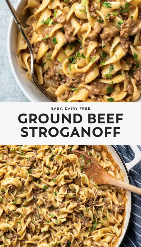 Even if you don’t have steak, you can still enjoy the flavors of this traditional Russian dish. This easy, ground beef stroganoff recipe features a creamy, meaty sauce served over egg noodles, and it comes together in just 30 minutes. Plus, I’ve made it dairy free by swapping the sour cream for a plant-based alternative. Ground Beef Stroganoff Recipe, Easy Ground Beef Stroganoff, Beef Stroganoff Recipe, Resep Pasta, Dairy Free Recipes Dinner, Beef Stroganoff Easy, Ground Beef Stroganoff, Easy Ground Beef, Dairy Free Dinner