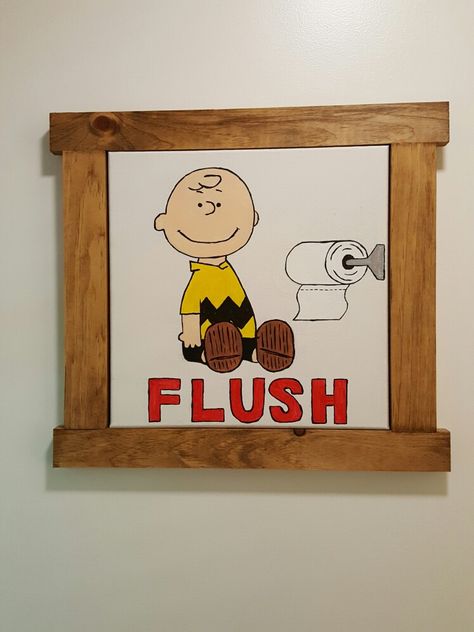 Charlie Brown flush sign. Snoopy bathroom. Peanuts Bathroom Decor, Snoopy Bathroom Decor, Twins Bathroom, Snoopy Bathroom, Snoopy Wall Art, Bathroom Collage, Kid Bathrooms, Snoopy Christmas Decorations, Peanuts Decor