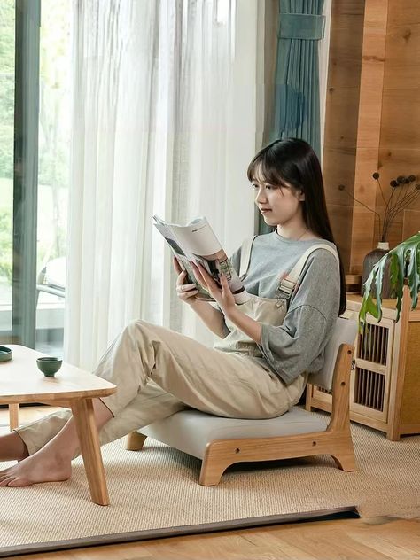 Solid Wood Backrest Low Foot Bench: Tatami Chair Japanese Lazy Bay Window Floor Chairs Japanese Chairs Floor, Japanese Table Design, Japanese Floor Desk, Japanese Sitting Room, Small Sitting Space, Japanese Chair Design, Tatami Furniture, Floor Sitting Living Room, Japanese Furniture Traditional