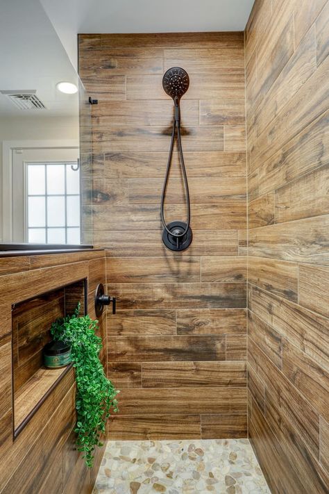 Wood Tile Shower Ideas, Tile Shower Walls, Wood Tile Shower, Nature Inspired Bathroom, Roll In Showers, Earthy Modern, House Bathrooms, Closet Remodel, Family Of Three