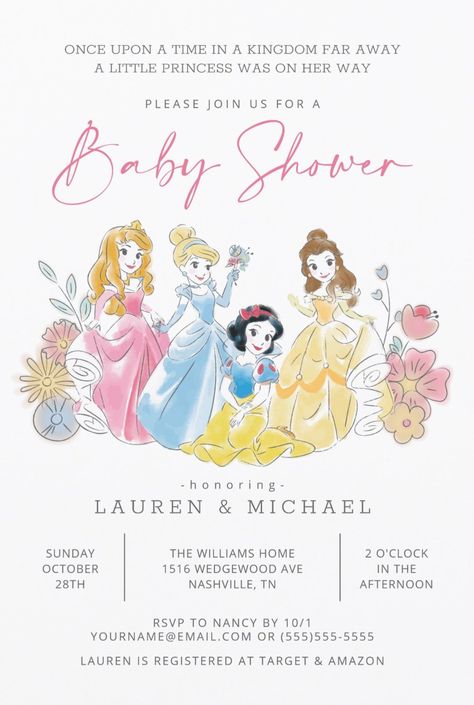 Disney Princess Baby Shower, Princess Baby Shower Invitations, Baby Shower Princess Theme, Princess Birthday Party Ideas, Disney Princess Theme, Girl Baby Shower Invitations, Princess Baby Shower Invitation, Disney Princess Babies