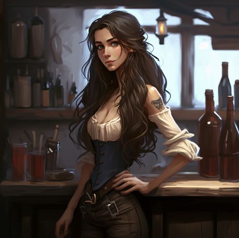 Tavern Maid Art, Tavern Wench Art, Bar Maid Dnd, Dnd Bard Female, Female Bard Character Design, Elf Bard Female, Pirate Woman Art, Dnd Human Woman, Bard Character Art