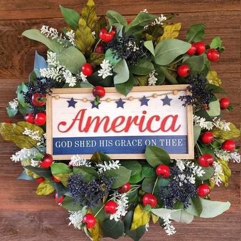 Patriotic Wreath for front door, Wooden America Sign, Red White and Blue Wreath, 4th of July Wreath, Summer Patriotic With Wooden Sign Front Door Wooden, Picture Wreath, July 4th Decor, Red White Blue Wreath, Fourth Of July Wreath, America Sign, July Wreath, Blue Wreath, Wreath Summer