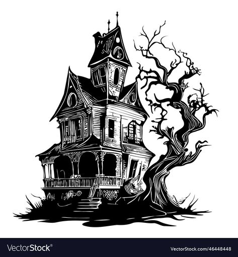 Haunted House Ideas Scary, Spooky House Drawing, House Drawing Ideas, Haunted House Ideas, Haunted House Drawing, Spook Houses, Spooky House, House Illustration, Horror House