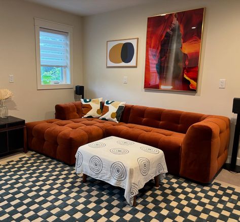 Burnt orange velvet Boba sectional. Great photo sent in from client. Bubble Couch, Burnt Orange Velvet, Orange Velvet, Great Photos, Burnt Orange, Sectional, Couch, Velvet, Orange