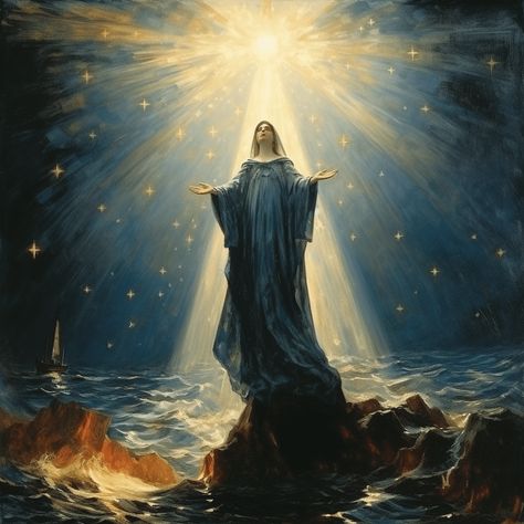 The Coronation Of Virgin Mary, Our Lady Star Of The Sea, Star Of The Sea, Mary Art, Dark Beach, Virgin Mary Art, Mother Mary Images, Prayer Corner, Incredible Art