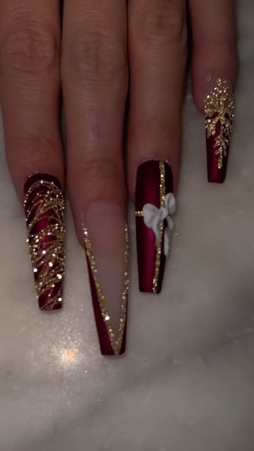 Riya's Nails 🇰🇭 on Instagram Nail Designs For Indian Wedding, Burgundy And Gold Christmas Nails, Burgundy Bling Nails, Burgundy Christmas Nail Designs, Red And Gold Nails Square, Red And Golden Nail Art, Red Bridal Nails Wedding, Maroon Nail Ideas Burgundy, Garnet And Gold Nails