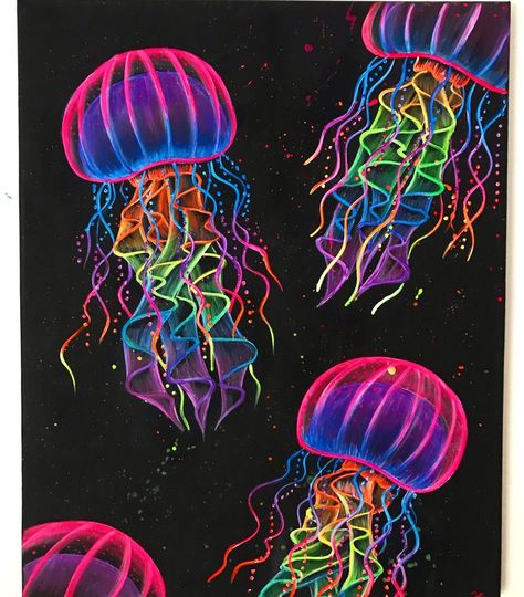 Black Light Room, Painting Jellyfish, Neon Art Painting, Jellyfish Painting, Wal Art, Black Light Posters, Jellyfish Art, Psychadelic Art, Trippy Painting