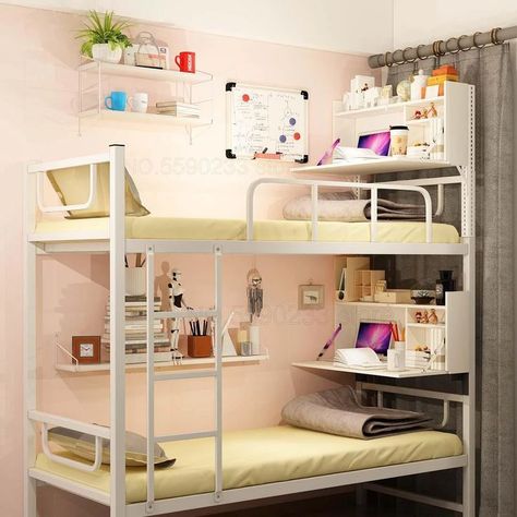 Bunk Bed Shelf Ideas, Bunk Bed Lighting Ideas, Room Ideas Bunk Beds, Dorm Bunk Beds, Bunk Bed Decor, Bunk Bed Shelf, Lofted Dorm Beds, Bunk Beds Small Room, Bed Shelf