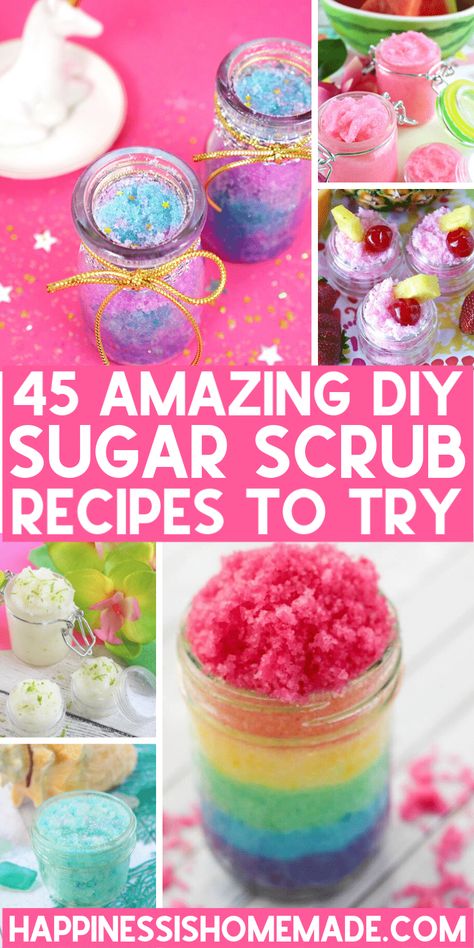 DIY Sugar Scrub Recipes: Learn how to make sugar scrub with these 45+ easy DIY sugar scrub recipes! Keep your skin smooth and hydrated with these natural homemade sugar scrubs! Scrubs To Make At Home, Diy Sugar Scrubs, Homemade Sugar Scrubs, Body Scrub Homemade Recipes, Diy Gifts For Christmas, Diy Scrubs, Diy Sugar Scrub, Shower Melts, Diy Sugar Scrub Recipe