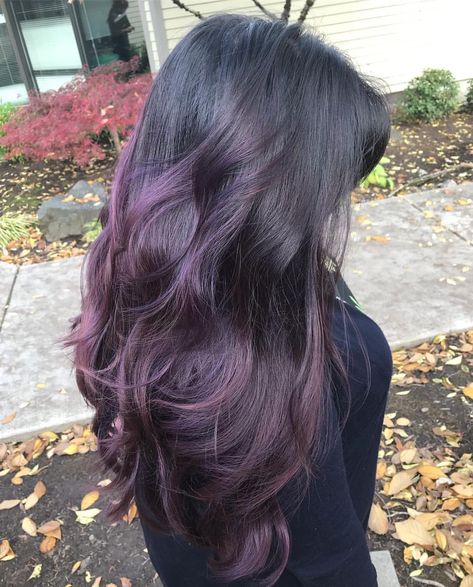 Dark Brown Purple Highlights, Brown Hair W Purple Highlights, Plum Purple Balayage, Purple Highlights Brunette, Purple Dyed Ends, Purple Balayage Black Hair, Deep Purple Balayage, Dark Brown Hair With Purple Highlights, Dark Purple Balayage