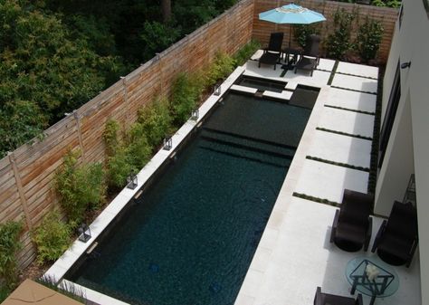 Modern Swimming Pool with exterior tile floors, Pathway, Lap pool, Fence Modern Swimming Pool, Outdoor Renovation, Swimming Pool Photos, House Pool, Pool Remodel, Rectangular Pool, Modern Pools, Small Pools, Lap Pool