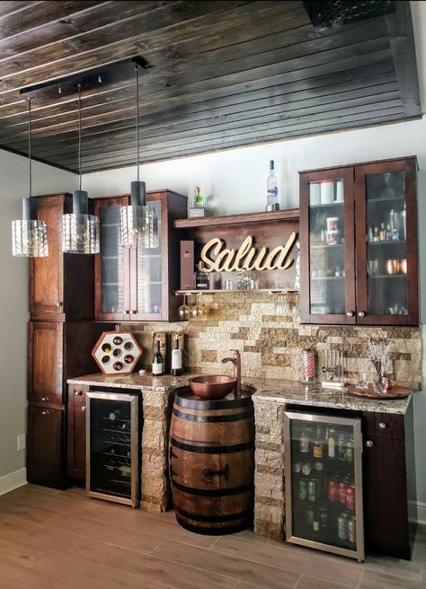 Bar With Wine Barrels, Behind Bar Wall Ideas Rustic, Game Room With Bar Ideas, Wood Bar Ideas For Home, Bar Fireplace Ideas, Bourbon Basement Ideas, Wine And Whiskey Bar, Rustic Bar Area In Home, Wine And Beer Bar Ideas