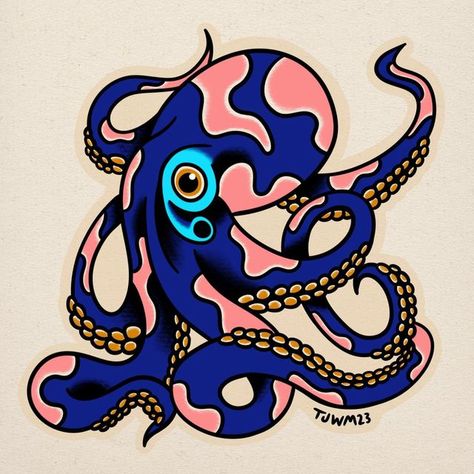 American Traditional Octopus Tattoo, American Traditional Octopus, Octopus Tattoo Flash, Tiki Tattoo Ideas, Traditional Tattoo Octopus, Traditional Octopus Tattoo, Tattoos Octopus, American Traditional Tattoo Art, Squid Tattoo