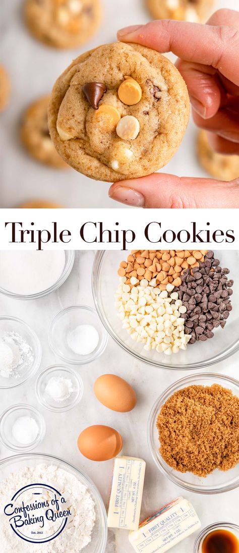 White Chocolate Butterscotch Cookies, Triple Chip Cookies, Butterscotch White Chocolate Cookies, Chocolate Butterscotch Chip Cookies, White Chocolate Chip, Cookies With Butterscotch Chips, Butterscotch Chocolate Chip Cookies, Butterscotch Chip Recipes, Recipes With Butterscotch Chips