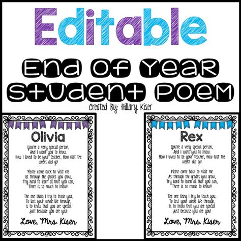 Editable End of the Year Student Poems on the Blog! FREE! Letter From Teacher To Student, Gifts For Your Students, Poems For Students, Preschool Poems, Letter To Students, Teacher Poems, Poems About School, Teacher End Of Year, Letter To Teacher