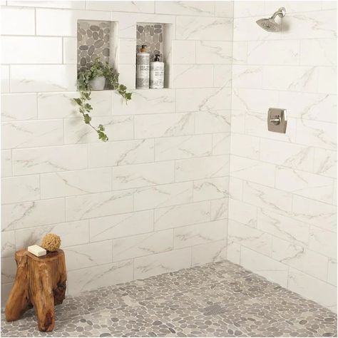 Stone Shower Floor, Pebble Tile Shower, Master Shower Tile, Pebble Shower Floor, Marble Shower Tile, White Tile Shower, Subway Tile Showers, Pebble Floor, Shower Wall Tile