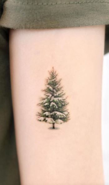 Tree With Snow Tattoo, Snowy Tree Tattoo, Winter Tattoo Ideas Nature, Fine Line Evergreen Tattoo, Winter Tattoos For Women, Christmas Tree Tattoo Ideas, Winter Tree Tattoo, Pine Tree Meaning, Christmas Tattoos For Women