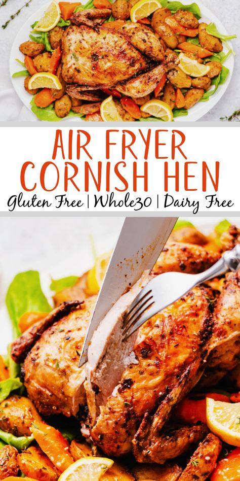 Air fryer Cornish hen is a Whole30 meal that is ready in thirty minutes. It is also gluten free, dairy free, and delicious. This recipe uses only a few staple ingredients and makes for a crispy and delicious meal. Update your old recipe with this easy air fryer Cornish hen! #whole30recipes #healthyrecipes #glutenfreerecipes #dairyfreerecipes #healthydinner #glutenfreedairyfreerecipes Air Fryer Cornish Hen Recipe, Air Fryer Cornish Hen, Cooking Cornish Hens, Game Hen Recipes, Cornish Game Hen Recipes, Cornish Hen Recipe, Cornish Hen, Game Hen, Cornish Hens