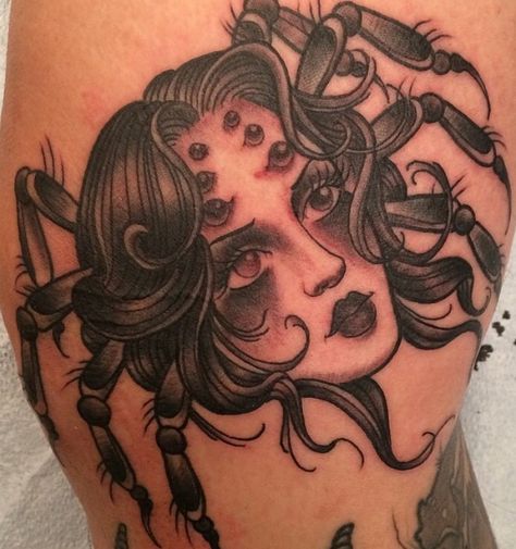 Lady spider tattoo by Brendan Rowe at Memoir Tattoo Lady Spider Tattoo, Traditional Spider Lady Head Tattoo, Spider With Face Tattoo, Spider Lady Head Tattoo, Spider With Woman Head Tattoo, Woman Spider Tattoo, Lady Head Spider Tattoo, Traditional Spider Lady Tattoo, Spider Tattoo Trad