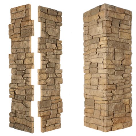 Faux Ridge Stone Pillar Panels are designed to be installed quickly and easily. The Pillar Panels have staggered edges making them interlock around any pillar quickly. Pillar Panels will give any pillar, no matter interior or exterior, a stone finish. Pillar Panels come in 3 widths, 8”, 11”, and 24” (inside dimensions) and are all 48” high. The Pillar Panels are finished off perfectly with Ledge Trims, or if your pillar is taller you can stack them on top of each other. 8" Pillar Panels: Designe Stone Pillars Columns, Stone Panels Exterior, Driveway Gate Diy, Porch Pillars, Front Porch Columns, Outdoor Columns, Stone Porches, Stone Veneer Panels, Faux Stone Walls