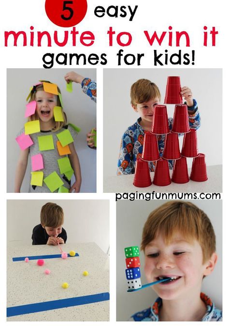 5 easy 'minute to win it' games for kids! Pinning this for our next family games night! Easy Games For Kids, Juleverksted For Barn, Kid Games, Minute To Win It Games, Minute To Win, Family Fun Night, Minute To Win It, Camping Games, Group Games